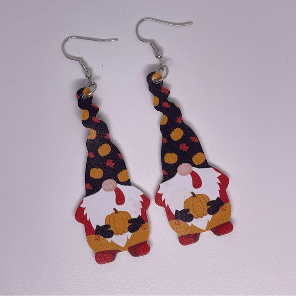 Fall & Halloween gnome themed orange, black, red faux leather trardrop earrings - Picture 4 of 6